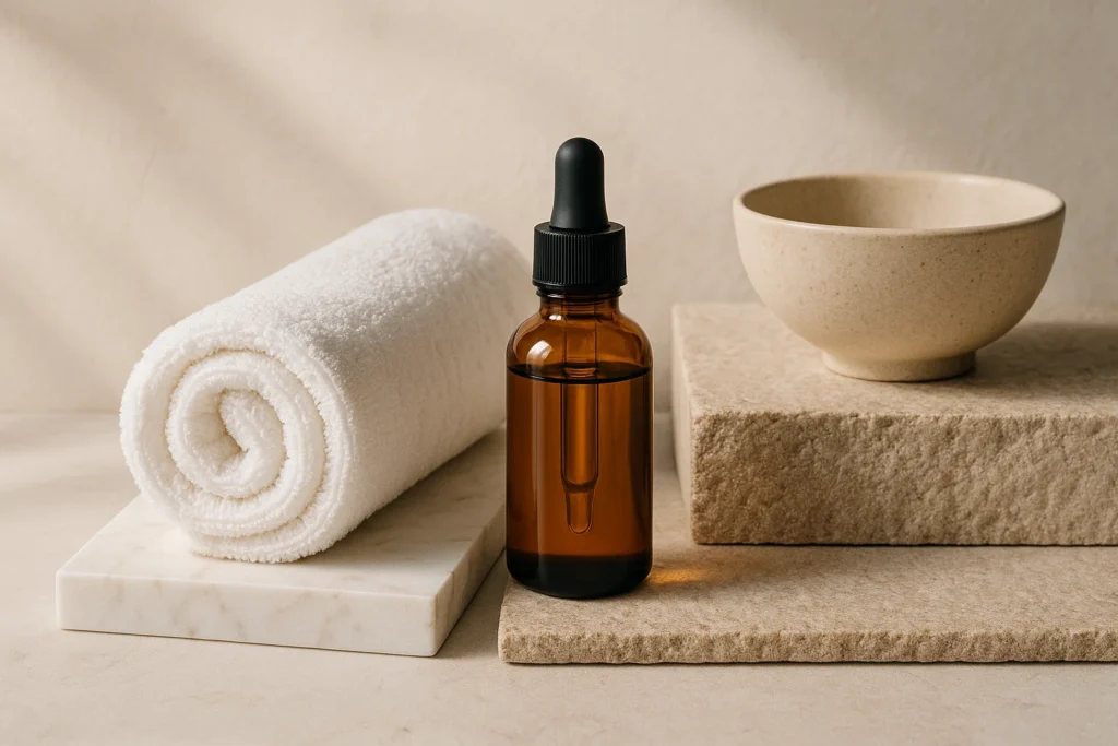 skincare accessories with amber bottle, towel and marble textures in spa setting.