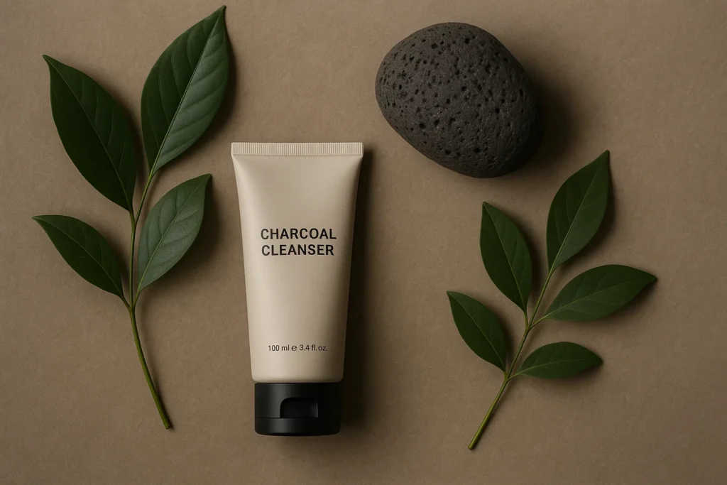 flatlay with charcoal cleanser, stone and botanical elements