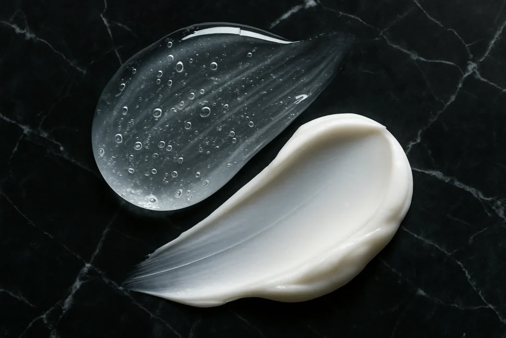 uxury skincare gel and cream textures on marble surface
