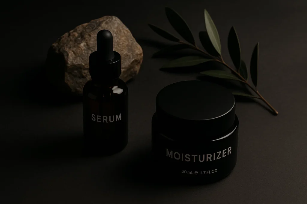 flatlay with serum bottle, moisturizer on dark matte surface