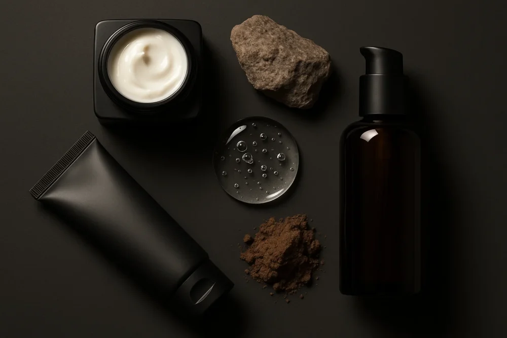 products flatlay with cream, gel and natural elements on a dark background