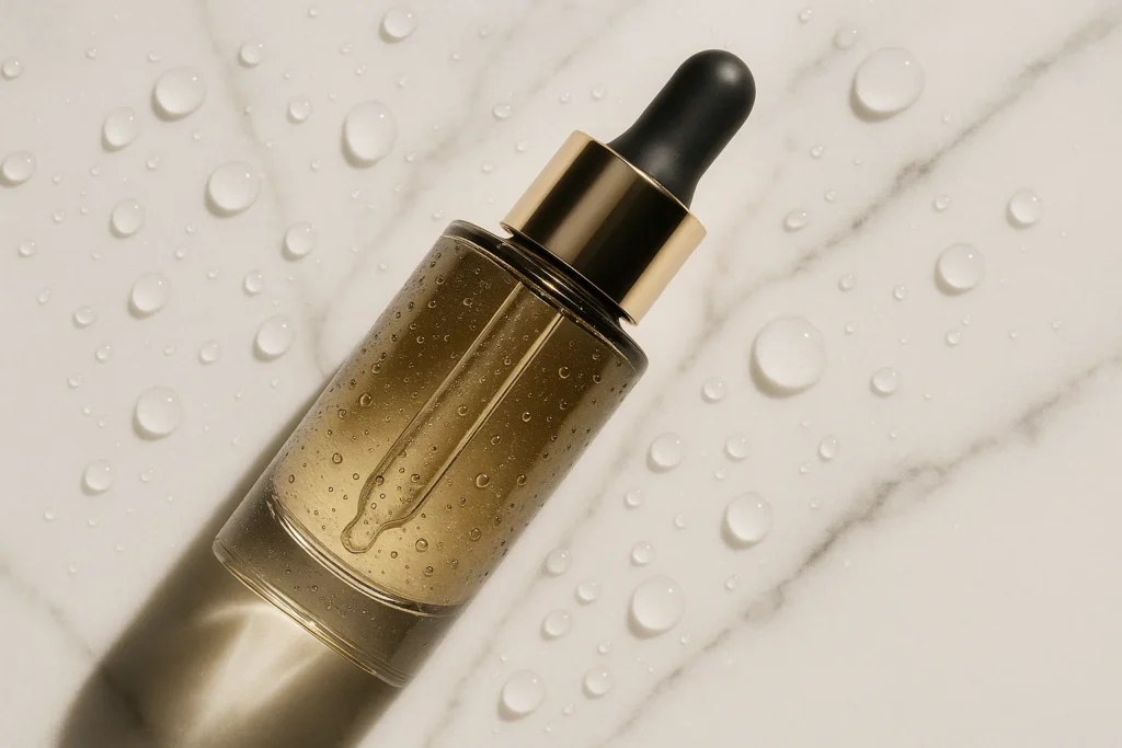 serum bottle on white marble with water droplets and soft luxury lighting.