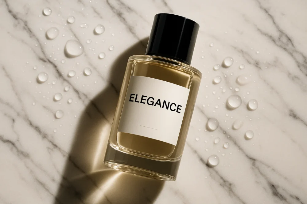 serum bottle on marble surface with water droplets