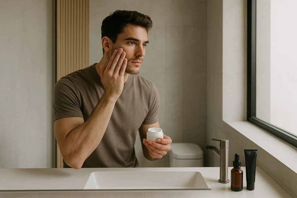 young man applying skincare cream in a modern minimalist bathroom