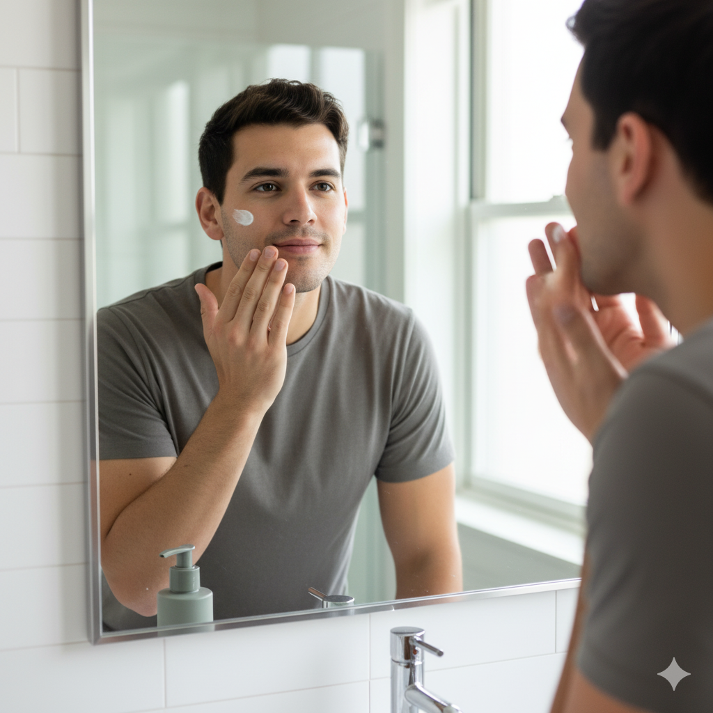 man applying facial moisturizer in mirror morning light