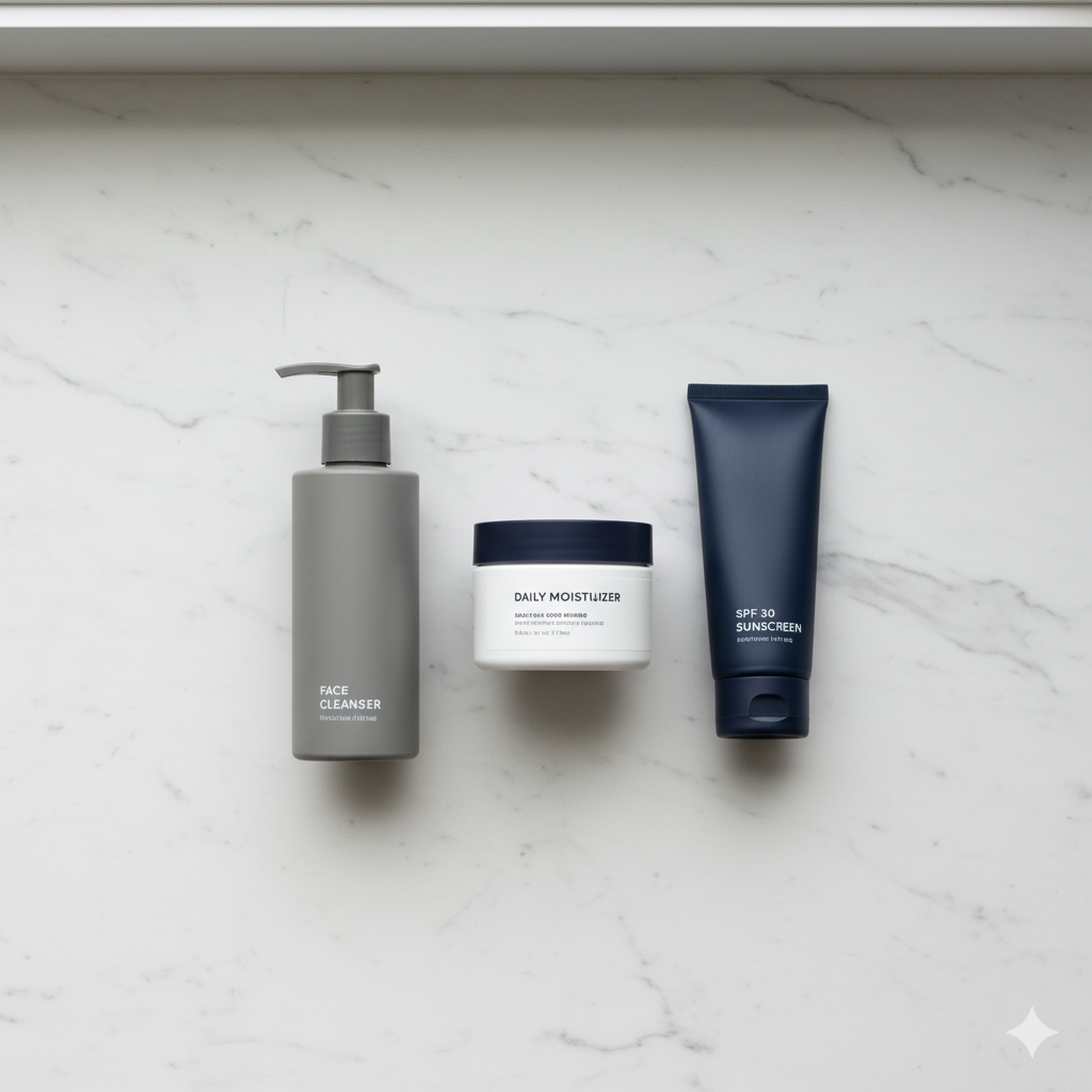flat lay of male skincare products cleanser moisturizer SPF on marble