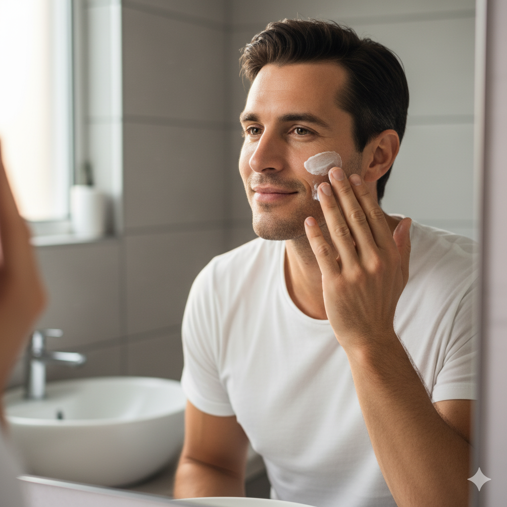 man smiling while applying moisturizer in morning natural light