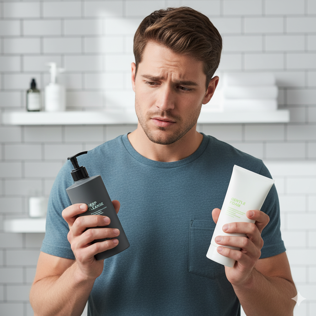 man comparing two face wash bottles looking confused in bathroom