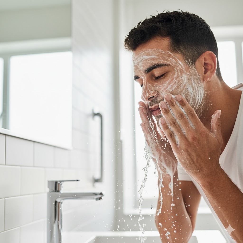 man washing face with gel cleanser during morning skincare routine